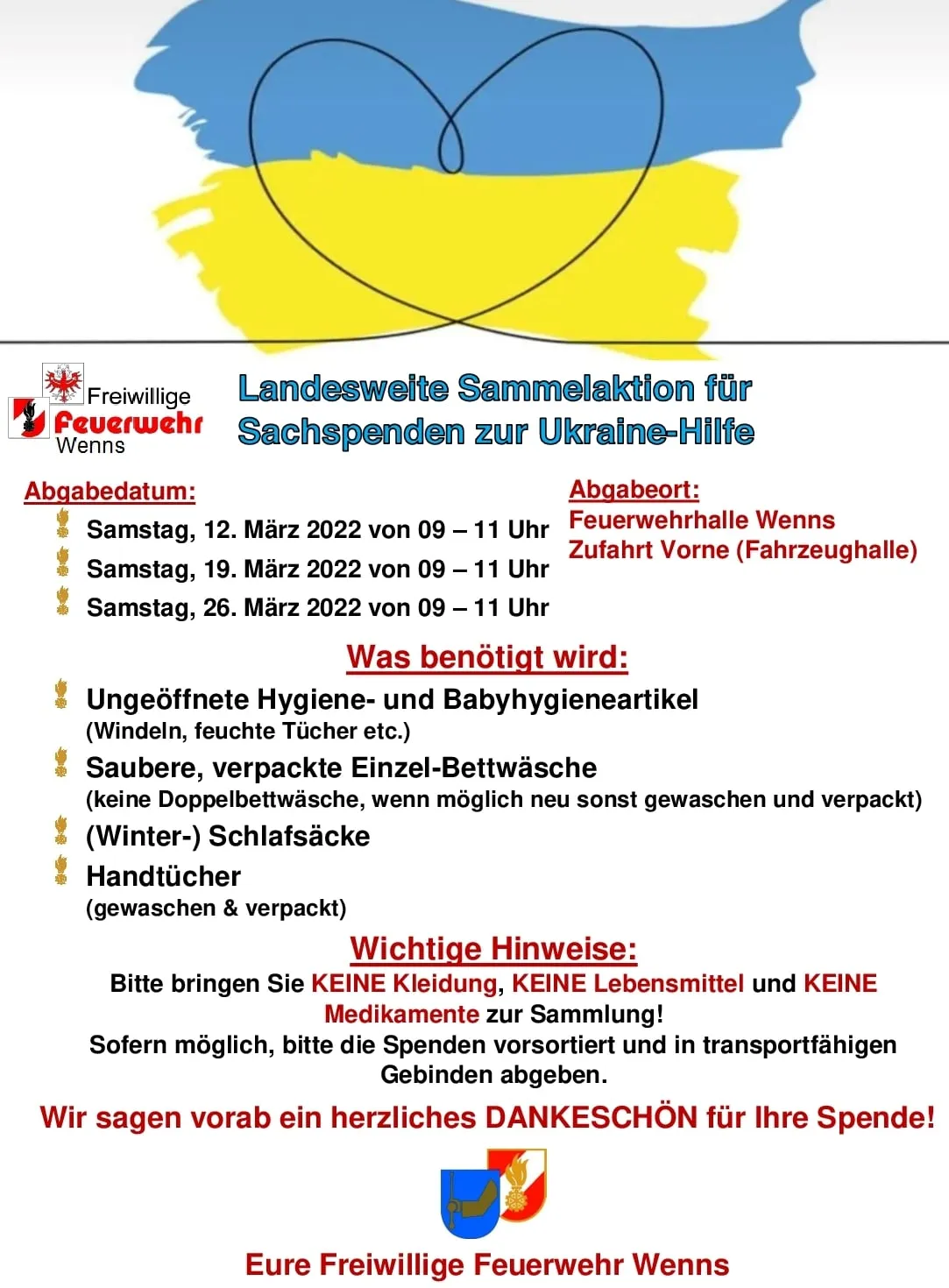 Landesweite Sammelaktion für Sachspenden zur Ukraine-Hilfe