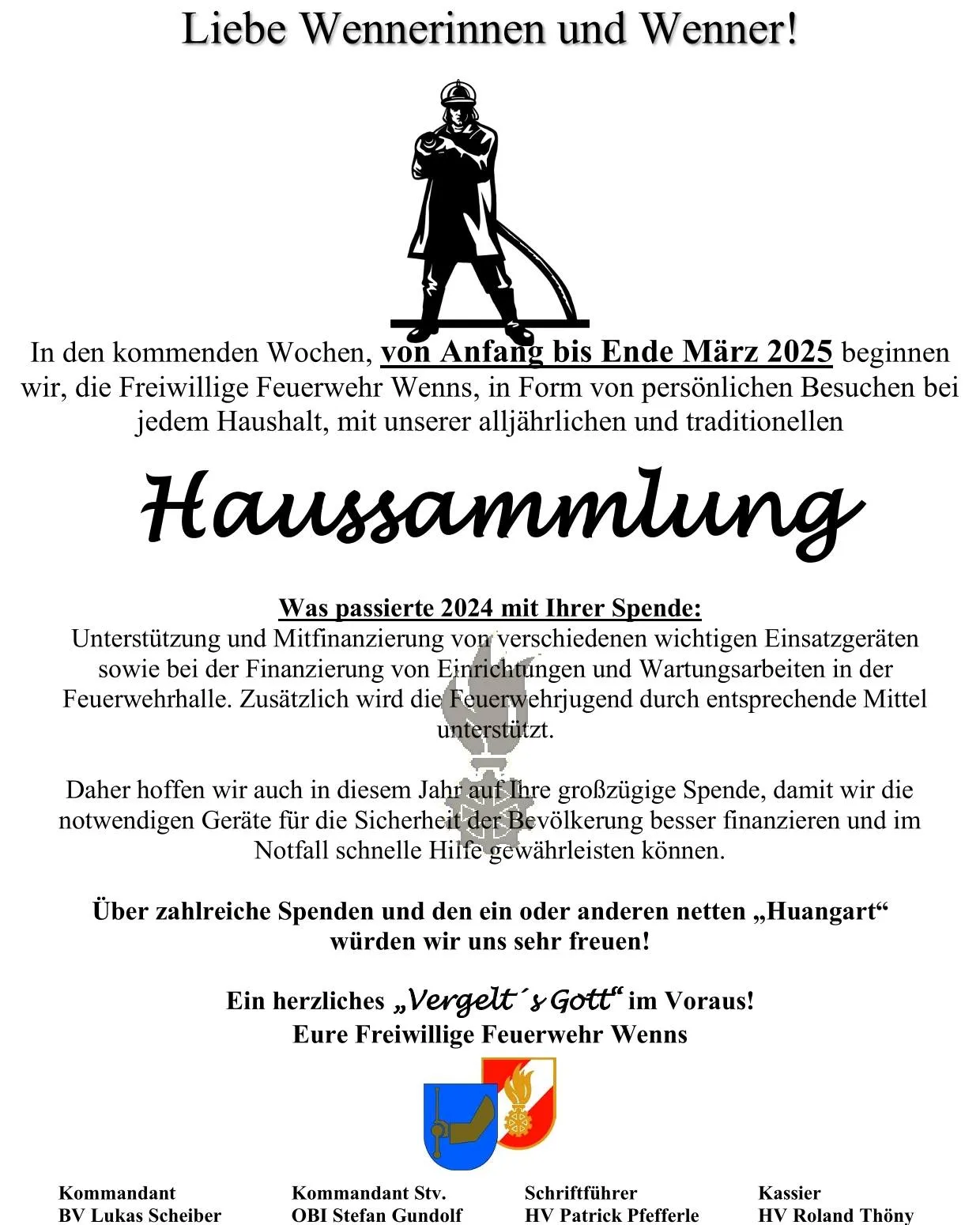 Haussammlung 2025 - Im gesamten Gemeindegebiet von Wenns wieder traditionell in gewohnter Form mit Haus zu Haus-Besuche